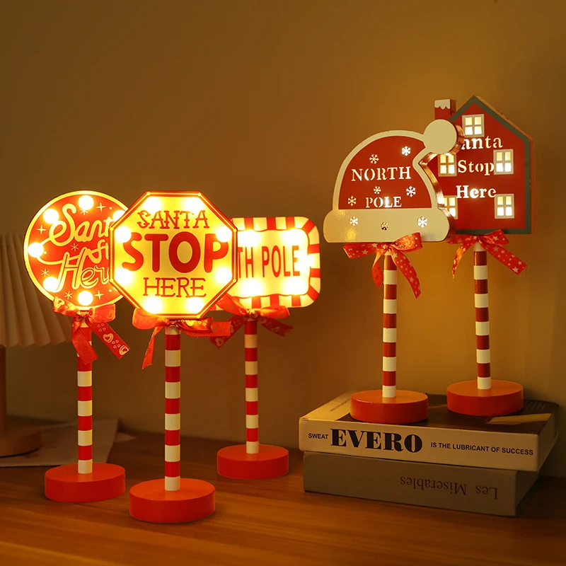 Christmas Road Sign STOP Decorative Lights Merry Christmas Santa Stop Here LED Wooden Desktop Ornament Decor New Year 2025 Noel