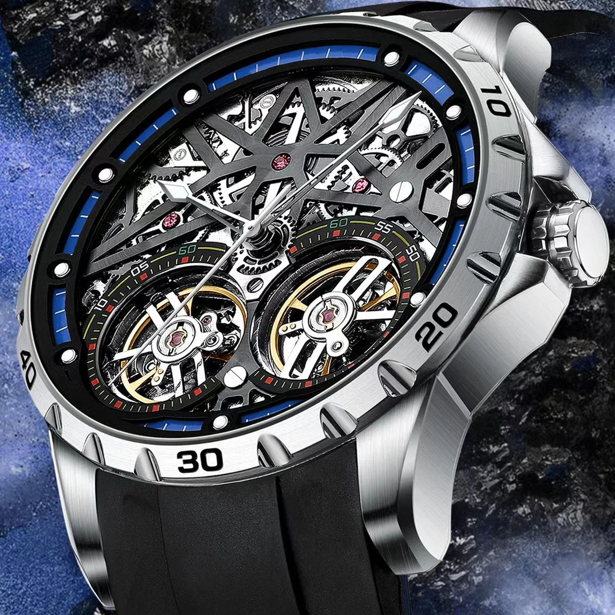 Sport Automatische Mechanische Horloges Heren Luxe Merken Markeren Fairwhale Stalen Klok Dubbele Tourbillon Skelet Polshorloge Man Cadeau