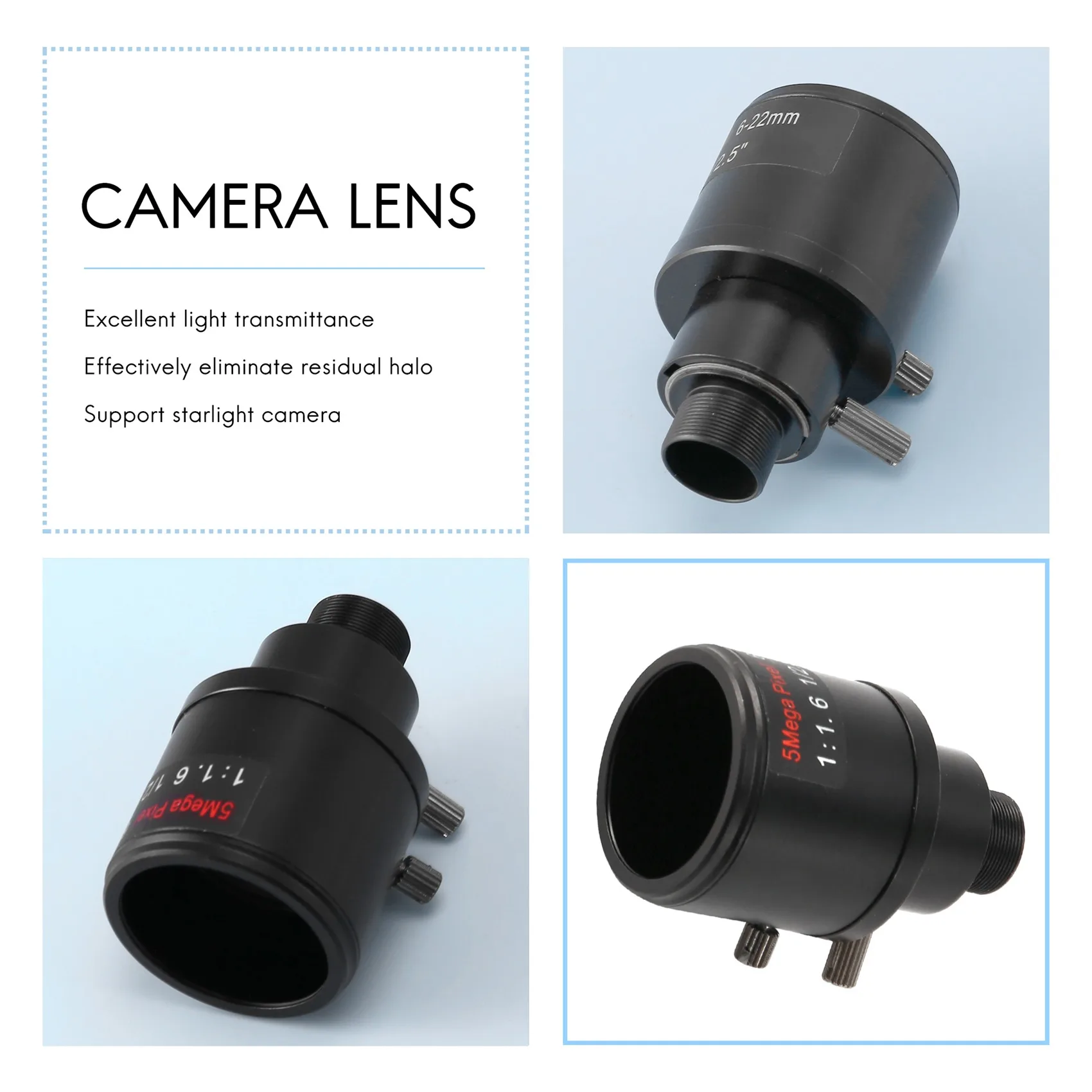 Y03A CCTV lens 1/2.5 inch 6-22mm 5MP M12 mount varifocal Lens F1.6 For 4MP/5MP CMOS/CCD Sensor Security IP/AHD Camera
