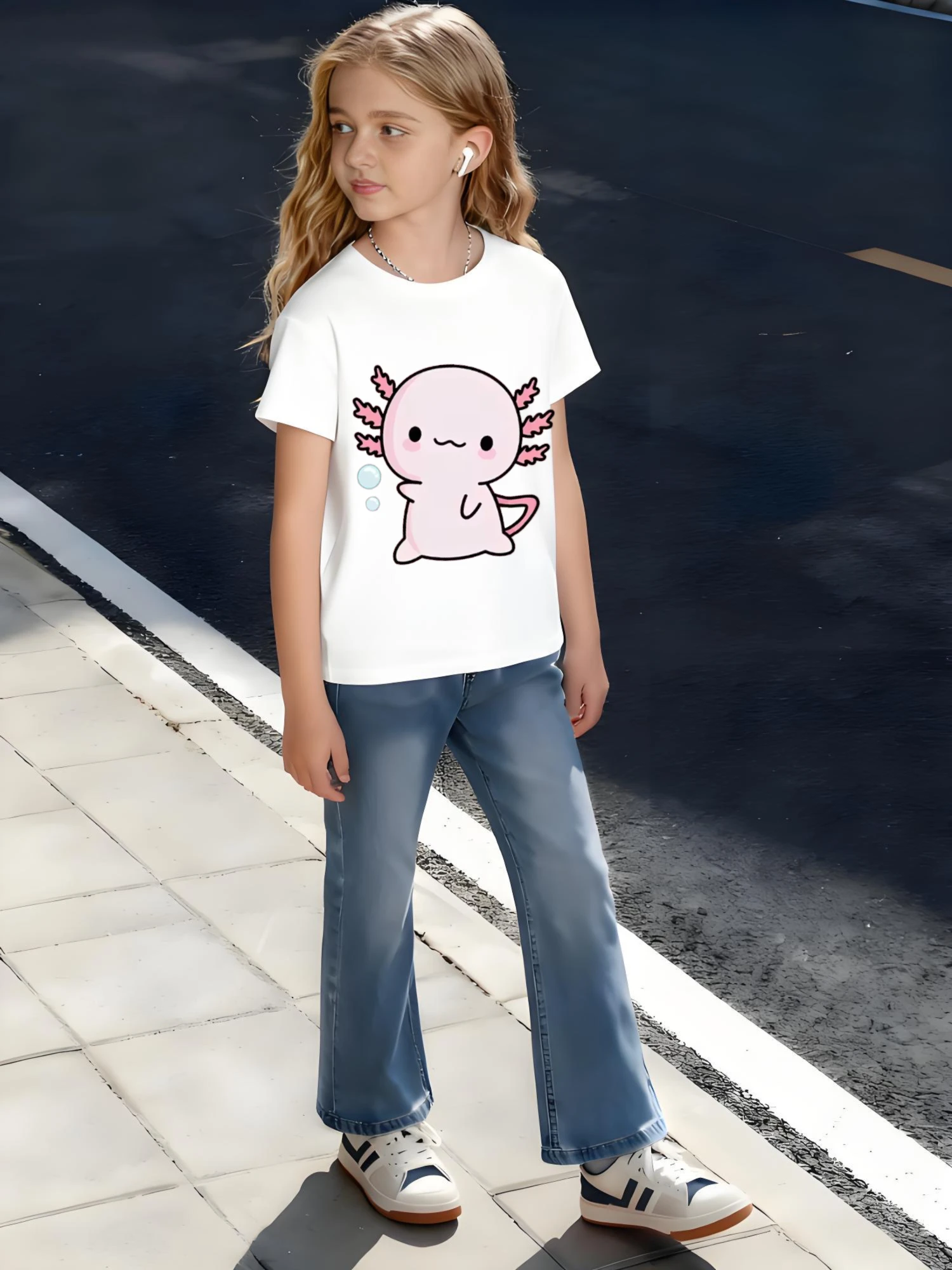 

​ Детская хлопковая футболка, милый аксолотль с жабрами в форме листа и улыбающимся лицом для мальчиков и девочек, дружелюбная тема домашнего животного ​