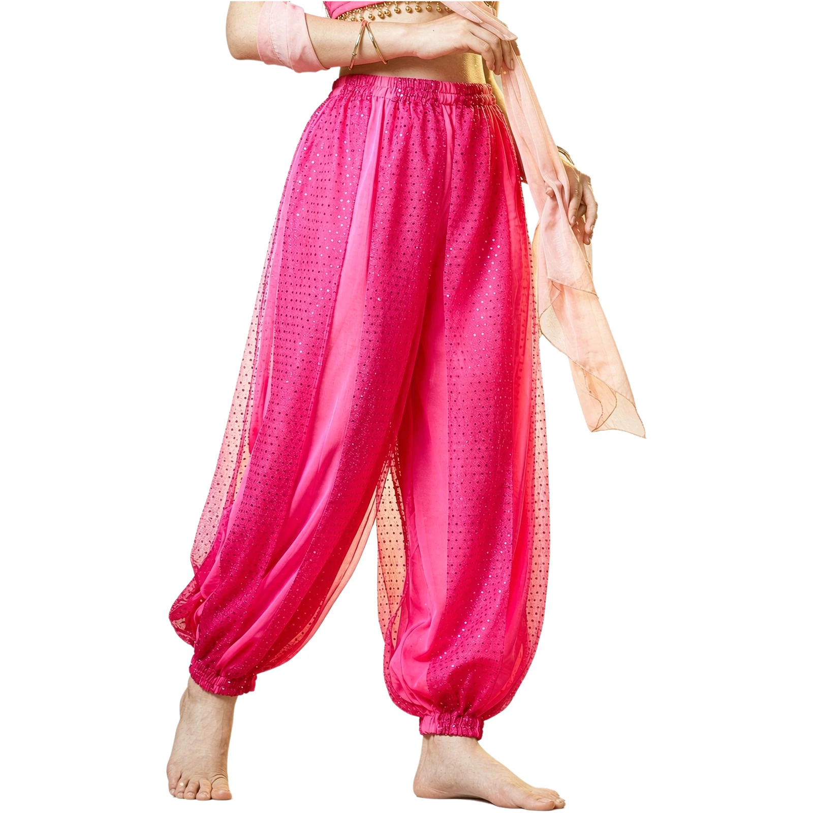 Women Belly Dance Harem Pants Shiny Sequins Mesh Loose Bloomers Trousers Arabic Indian Lantern Pants Halloween Stage Performance