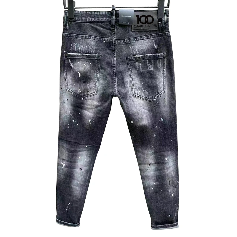 100 chareiharper 089 Men's skinny Skinny jeans Ripped Fabric Non-stretch Paint Splash vintage blue jeans