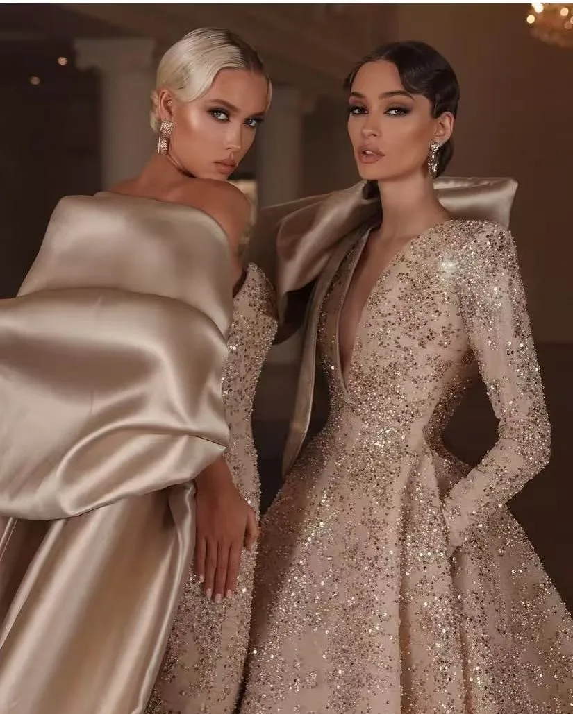 Luxury Arabic Maxi Dress Sequin Formal Dress Champagne Bow On Shoulder Floor Length Gorgeous Dubai Prom Gowns Long Sleeves