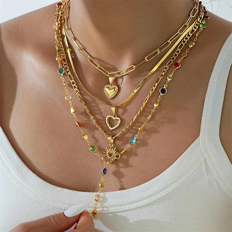 

Elegant Vintage Snake Chain Heart Pendant Layered Necklace for Women Exquisite Sun Glass Bead Necklace Friendship Jewelry Gifts