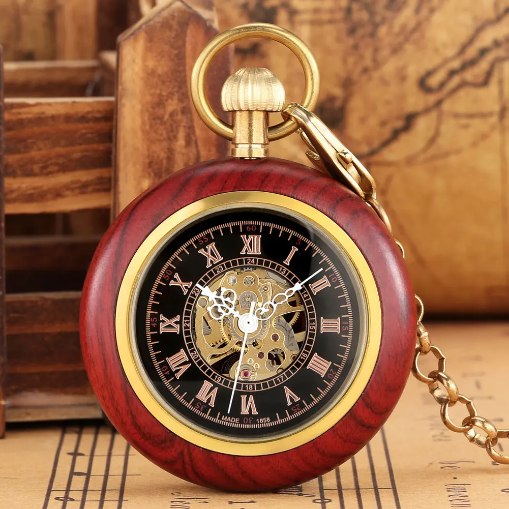 Red Wood Open Face Mechanical Hand Winding Pocket Watch with Rose Gold Roman Numerals Dial Vintage Fob Chain Pendant Clock