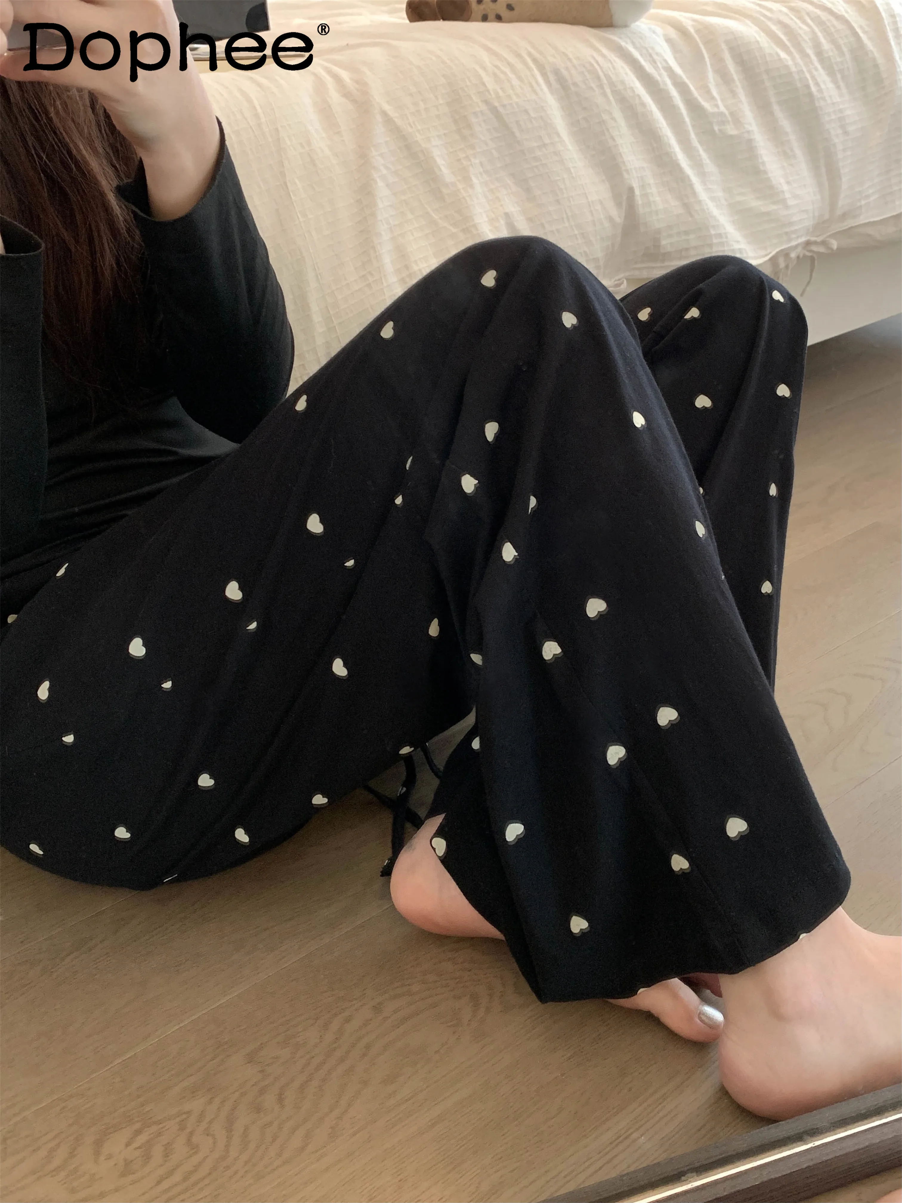 

Japanese Ins Spring 100% Cotton Black Pajama Pants Women's 2025 New Cartoon Cute Comfortable Soft Wide-leg Home Pants