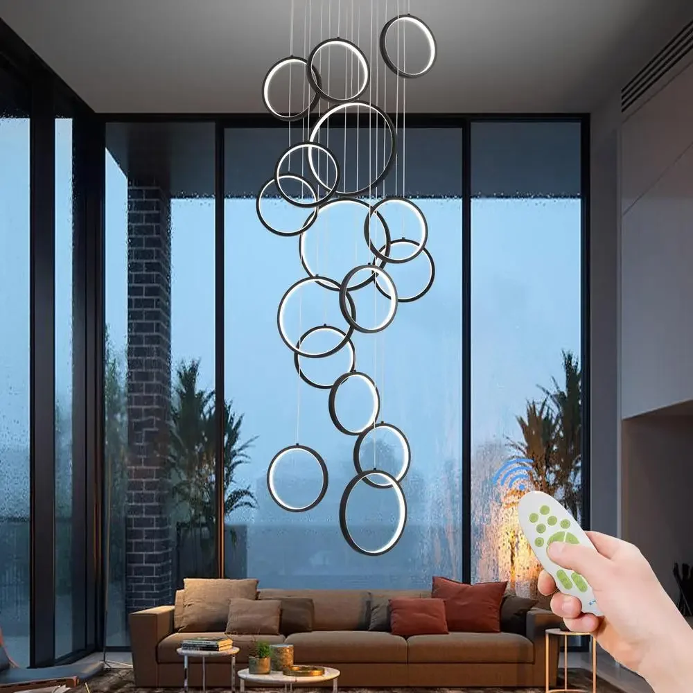 Dimmable Modern LED Chandelier with Remote Control 16 Rings Adjustable Height Energy Saving Light Fixture Living Room Dining