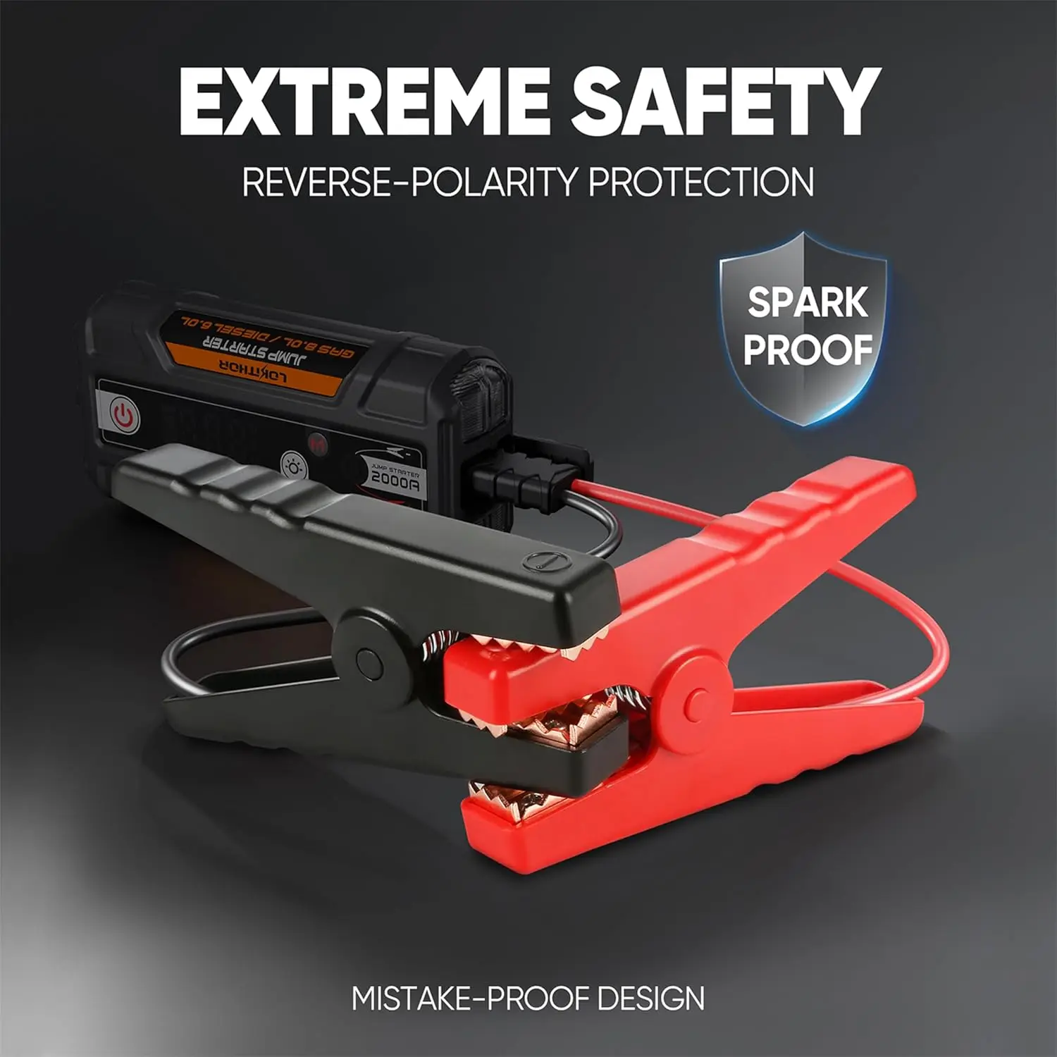 เครื่องช่วยสตาร์ทรถยนต์แบบพกพา J400 2000A 12V ใช้แบตเตอรี่ลิเธียม พร้อมพอร์ต USB-C สำหรับชาร์จแบตเตอรี่ และสายจั๊มพ์สตาร์ท สำหรับเครื่องยนต์เบนซินสูงสุด 8.0 ลิตร และดีเซลสูงสุด 6.0 ลิตร