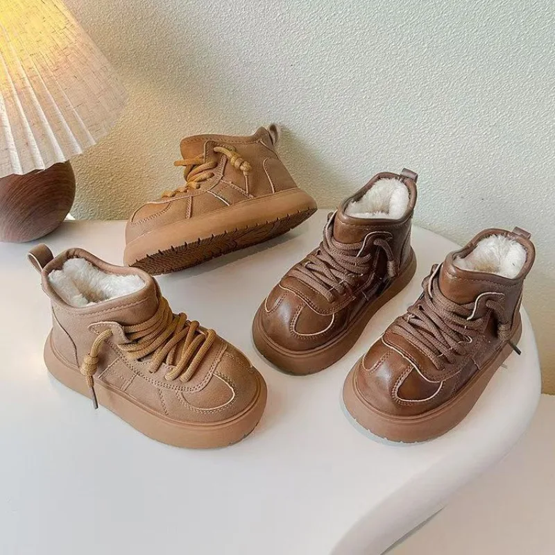 

Winter 2025 Vintage Comfortable Snow Boots Thick Plush Warm Children Waterproof Leather Boots Non-slip Kids Boot