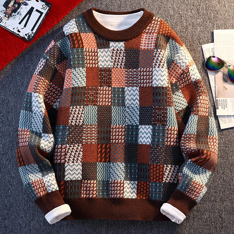 New Fashion Men Plaid Pullover Winter Sweaters Outwear Loose Casual Knitted Sweaters Male O-neck Pullovers Sweatercoats Size 4XL