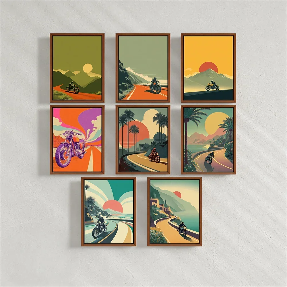 Minimalist Motorcycle Wall Decorations, Cafe Racer Posters, Coastal Mountain Scenery Riding Murals, Moto