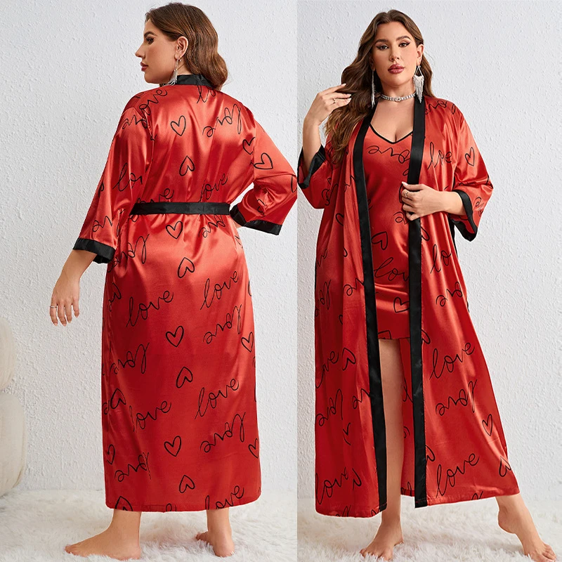 Big Size 3Xl 4Xl 5Xl Robe Set Women\'s Nightwear Sexy Print Love Nightgown Loose Spaghetti Strap Lingerie Femme Ropa De Mujer