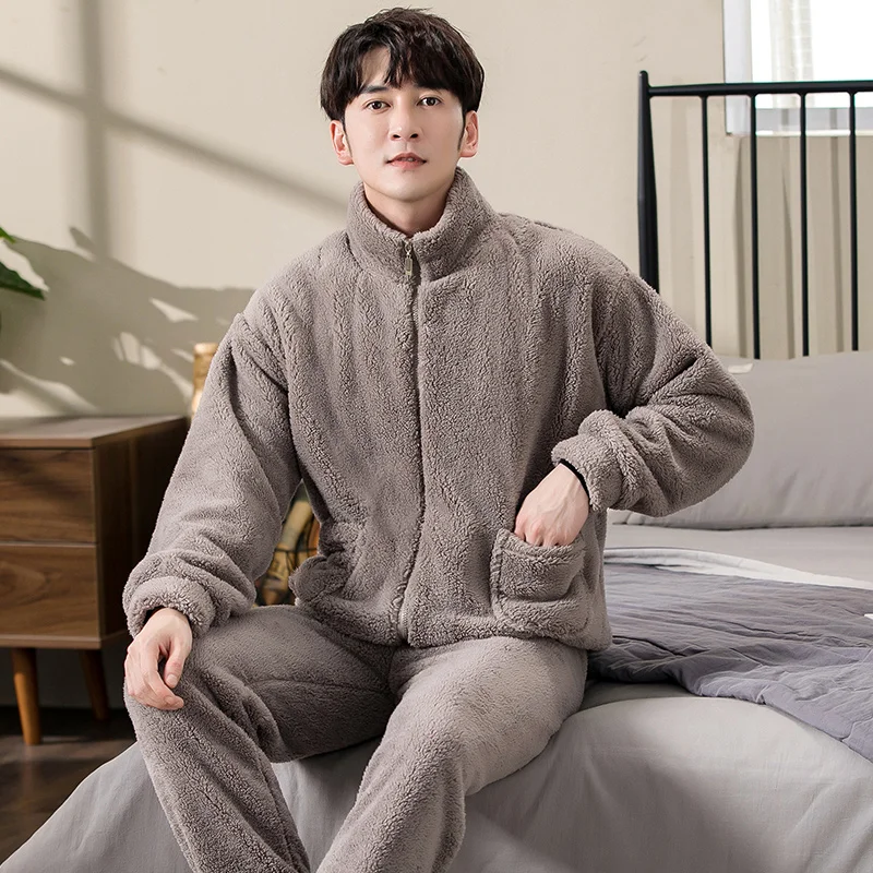 With Zipper Men's Autumn And Winter Thick Flannel Pajamas Sets Long Sleeve Fashion Style Solid Warm Sleepwear Big Yards Pijamas