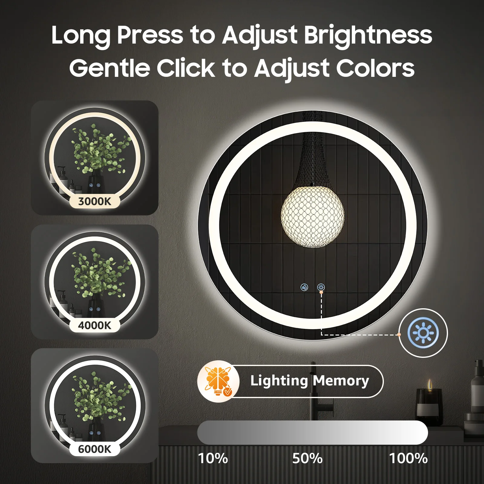 Espelho de banheiro iluminado por led, redondo, 3 cores, regulável, montado na parede, espelho de banheiro com luzes, inteligente, anti-neblina