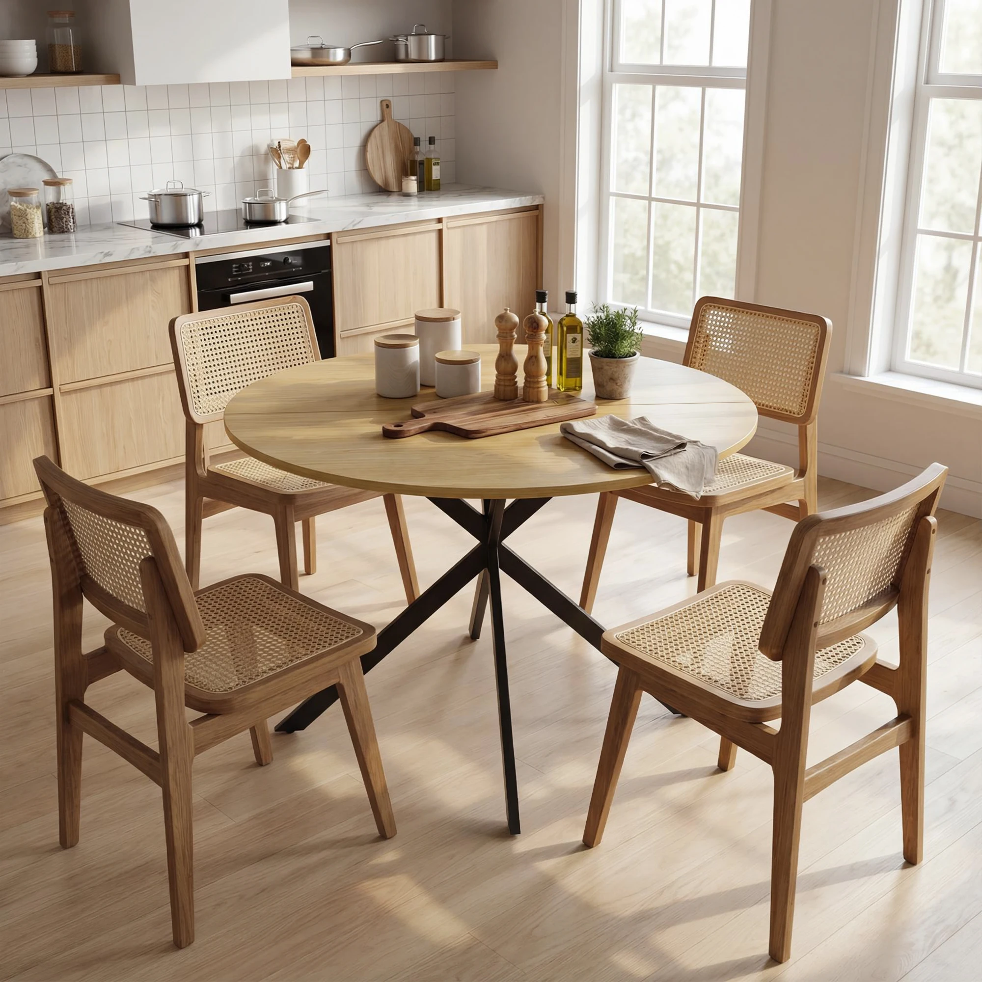 Afbeelding 8: Ronde eettafel voor 4 personen, keukentafel in industriële stijl met stalen poten, voor eetkamer, keuken, eikenhout