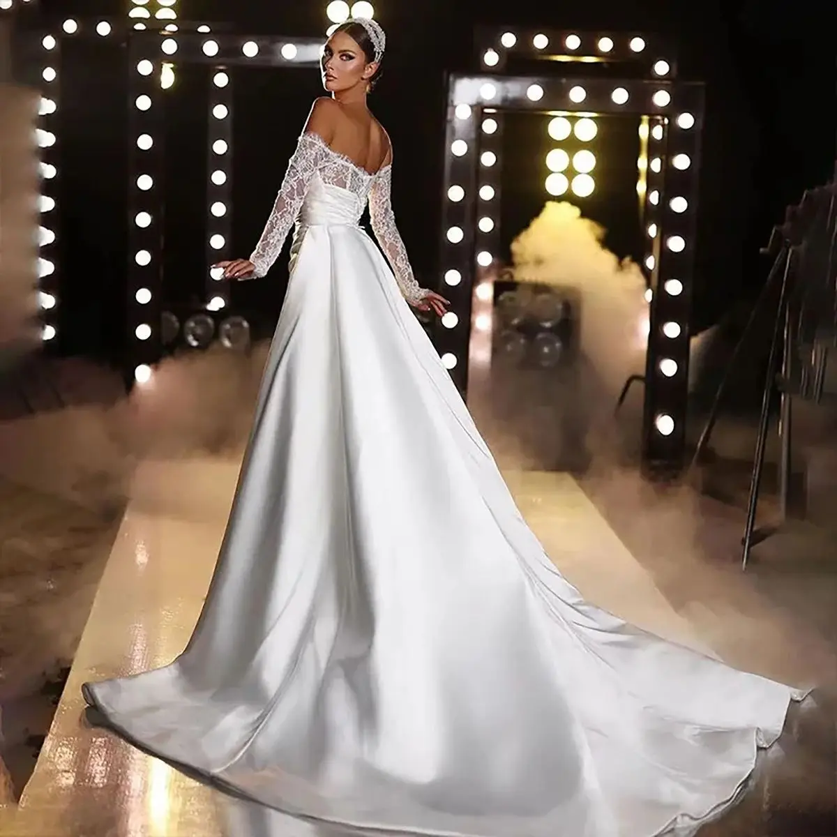 Customized Off Shoulder Mermaid Wedding Dresses Detachable Train Bridal Gowns Long Sleeves Backless Satin Sweep