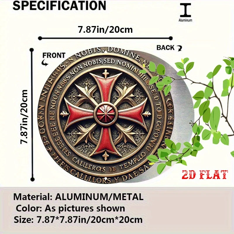 [2D Flat] 1pc Knights Templar Round Aluminum Sign - Rustic Metal Wall Art with Red Cross Frame, Latin Inscription, Ideal for Hom