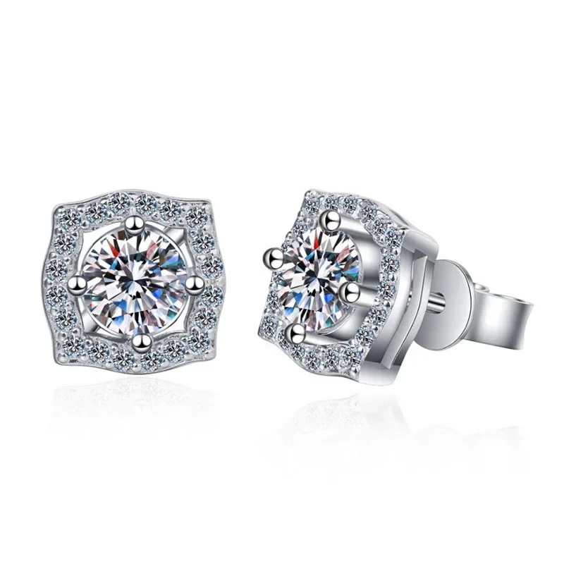

S925 Sterling Silver Earrings Korean Classic Square Bag Original Mosang Diamond Earrings One Carat Wedding Jewelry Wholesale