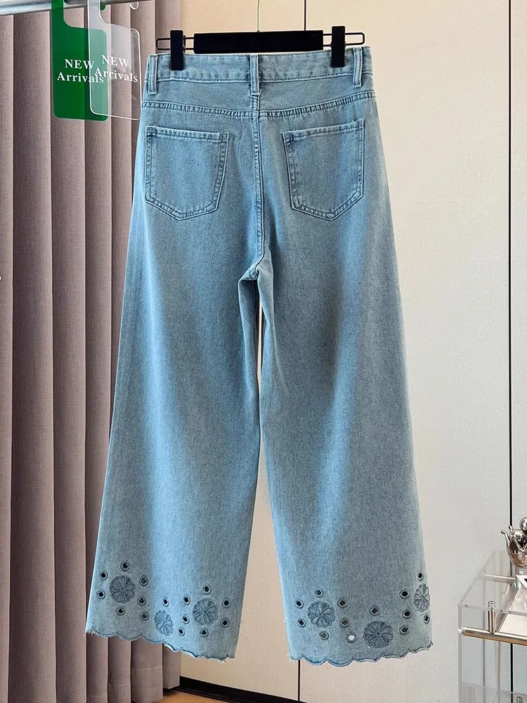 

Light Embroidered Women's Jeans Summer Thin Straight Leg Slimming Wide Leg Pants High Waist Nine Points Narrow Version