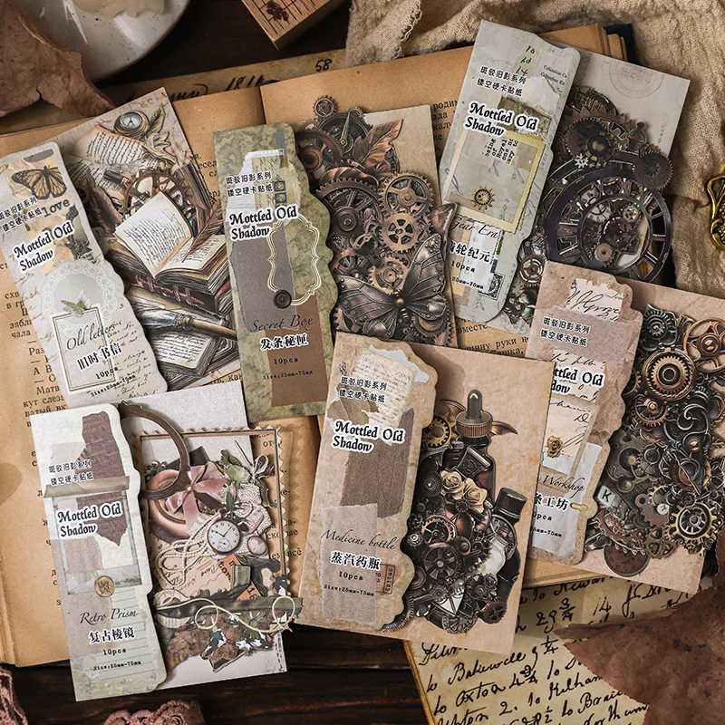 10-Blatt-Vintage-Aufkleber, ausgehöhlt, mechanisch, dekorativ, DIY, Scrapbooking, Materialien, Kunst, Collage, Schreibwaren, Ästhetik, Aufkleber