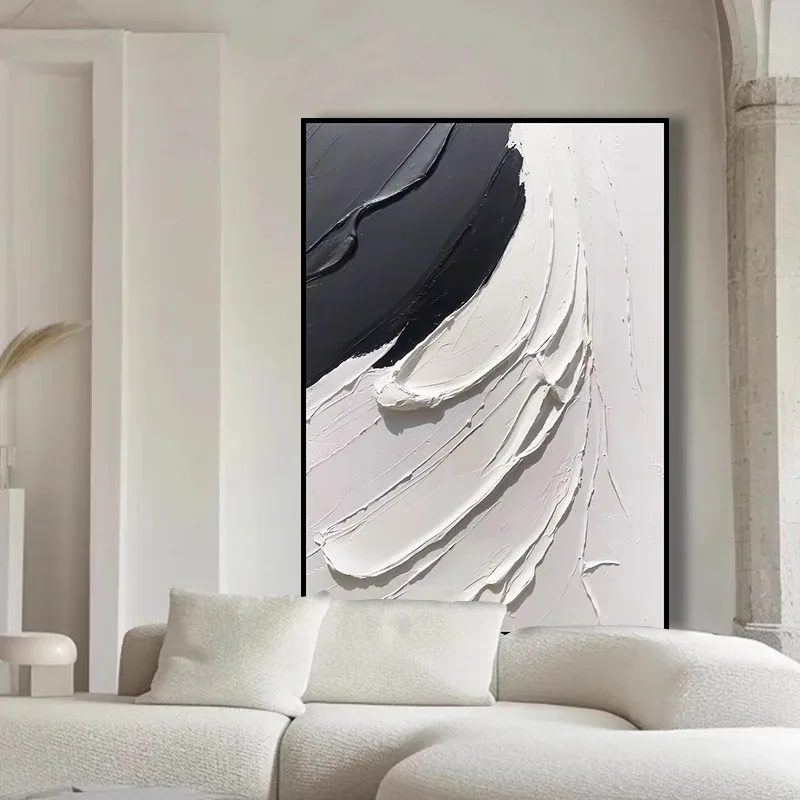 Hand-painted Oil Painting Black and White  Modern Minimalist  Entrance Three-dimensional  Large Floor-to-ceiling Gypsum Painting