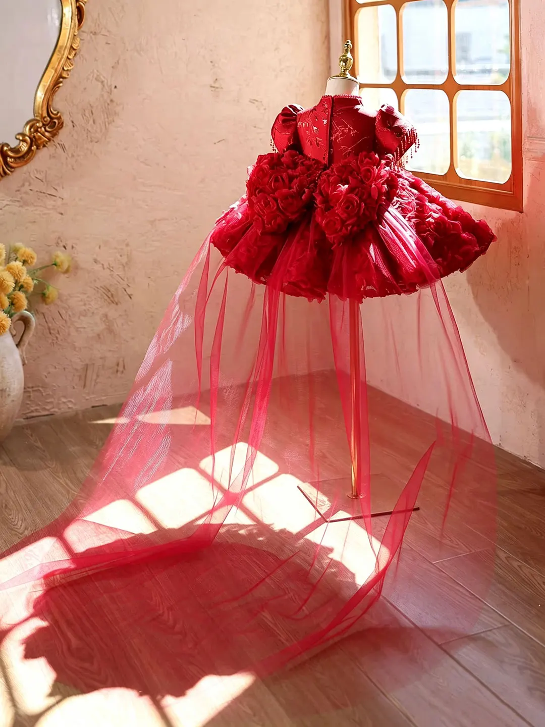 Jill Wish J922 Red Flower Girl Dresses Wedding Oriental Cheongsam Kids Ball Gown Rose Flower Beads Tassel Sleeve Pageant Dress