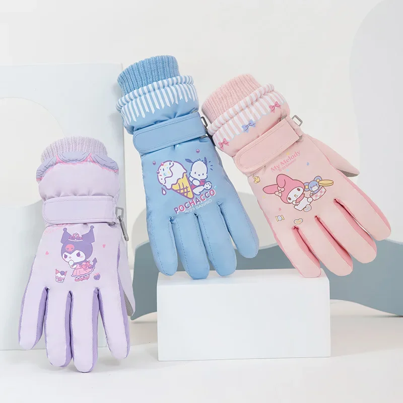 Kawaii Pochacco Kids Plush Ski Gloves Kuromi Melody Anime Sanrio Cartoon Winter Outdoors Warm Glove Waterproof Thicken Mitten