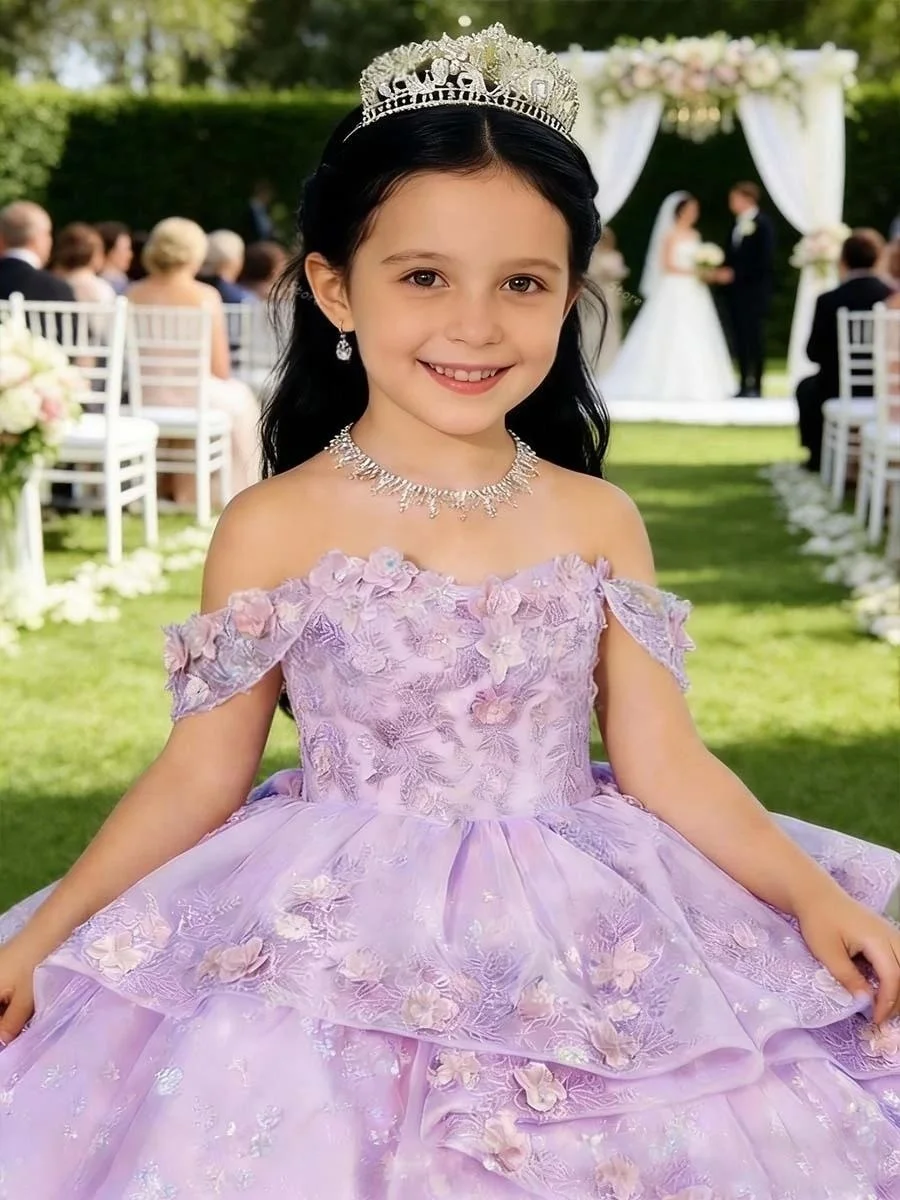 Custom Luxury Dress FlowerGirl Wedding Pageant Lavender Floral Tulle Kids Luxe Birthday Guest Formal Evening Runway Ball Gown