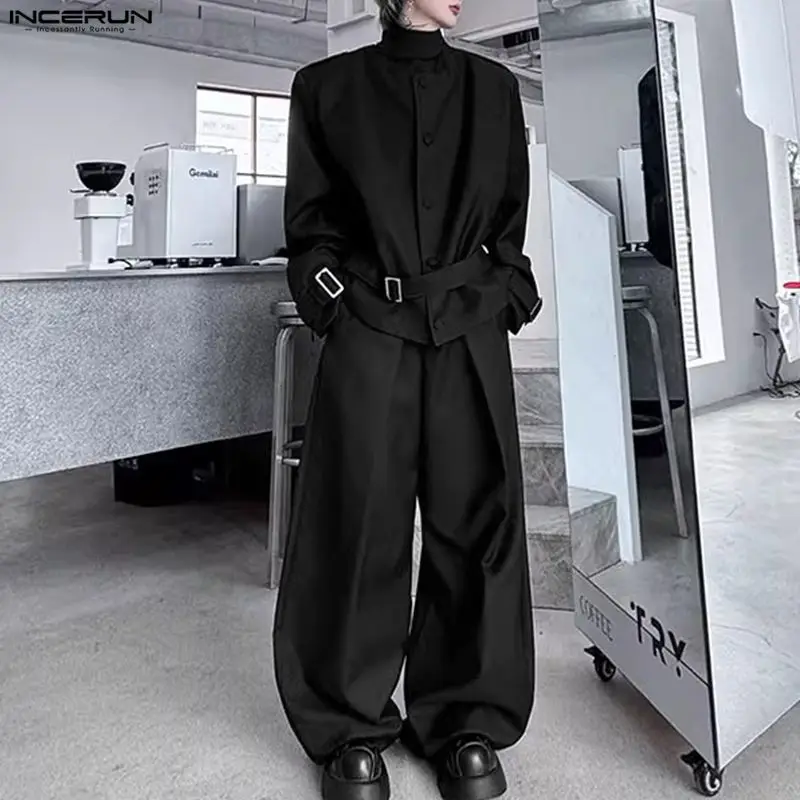 INCERUN Men Sets Solid Color Stand Collar Long Sleeve Button Jackets & Pants Two Pieces Sets Streetwear Loose Fashion Men Suits