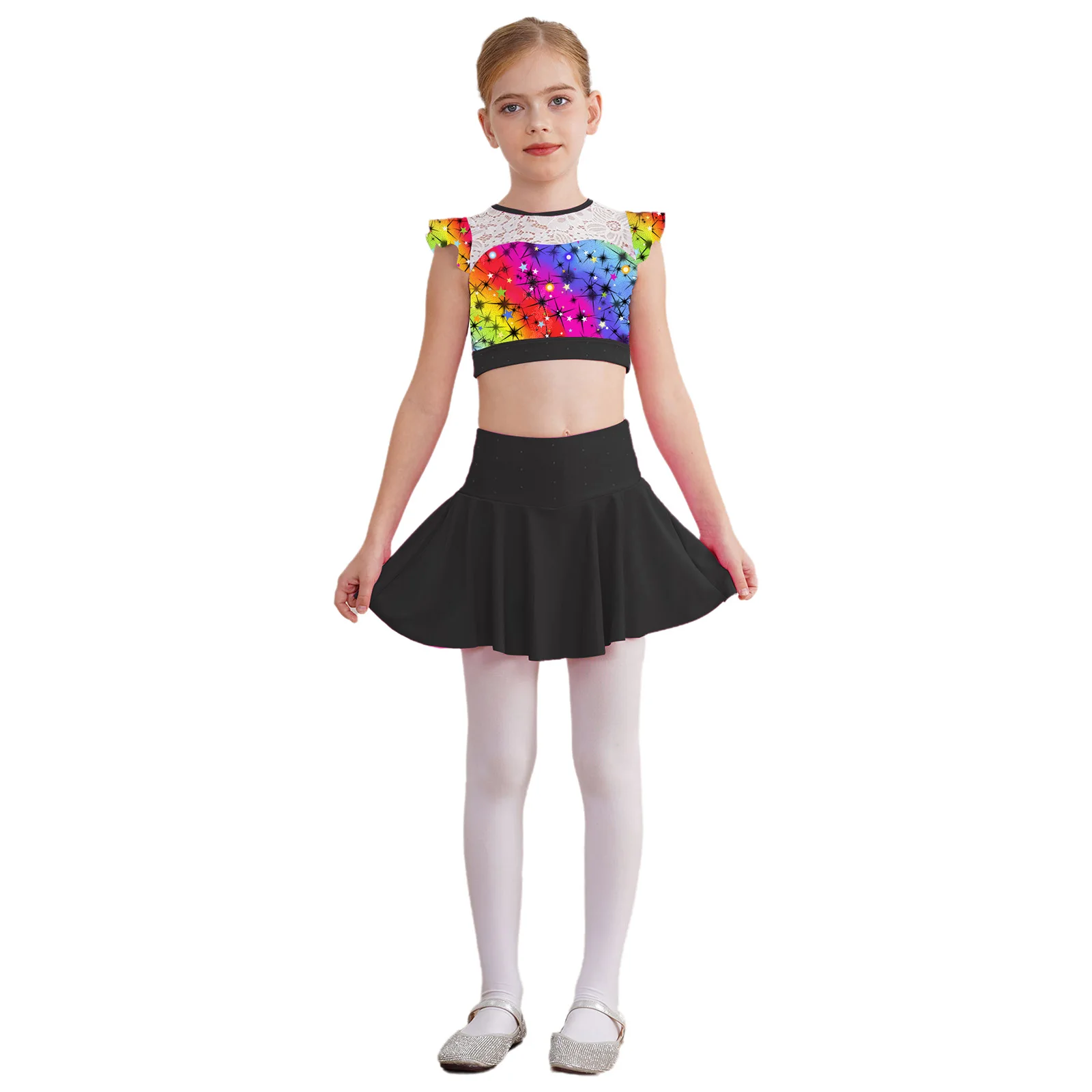 2 個女の子チアリーディングユニフォーム体操ベリーダンスパフォーマンス衣装中空レーススポーツトップ + 光沢のあるダイヤモンドスカートショーツセット