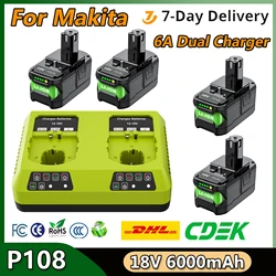 Replacement Battery For Roybi P108 Battery 6000mAh With 6A Dual Charger For Roybi 18V ONE+ System P102 P103 P104 P105 P107 P109