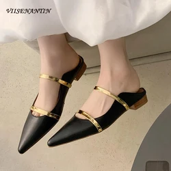 Korean Style Pointed Toe Flats Half Slippers Women 2024 Spring New Belt Strap Mules Shoes Genuine Leather Slides Females Zapatos