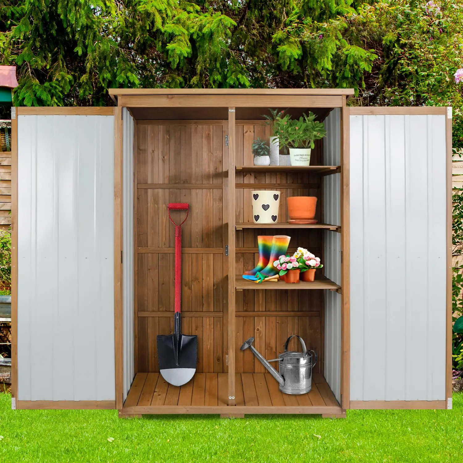 Outdoor Storage Cabinet Wood Metal Shed Weather Roof Lockable Door Shelf Adjustable Feet Patio 46