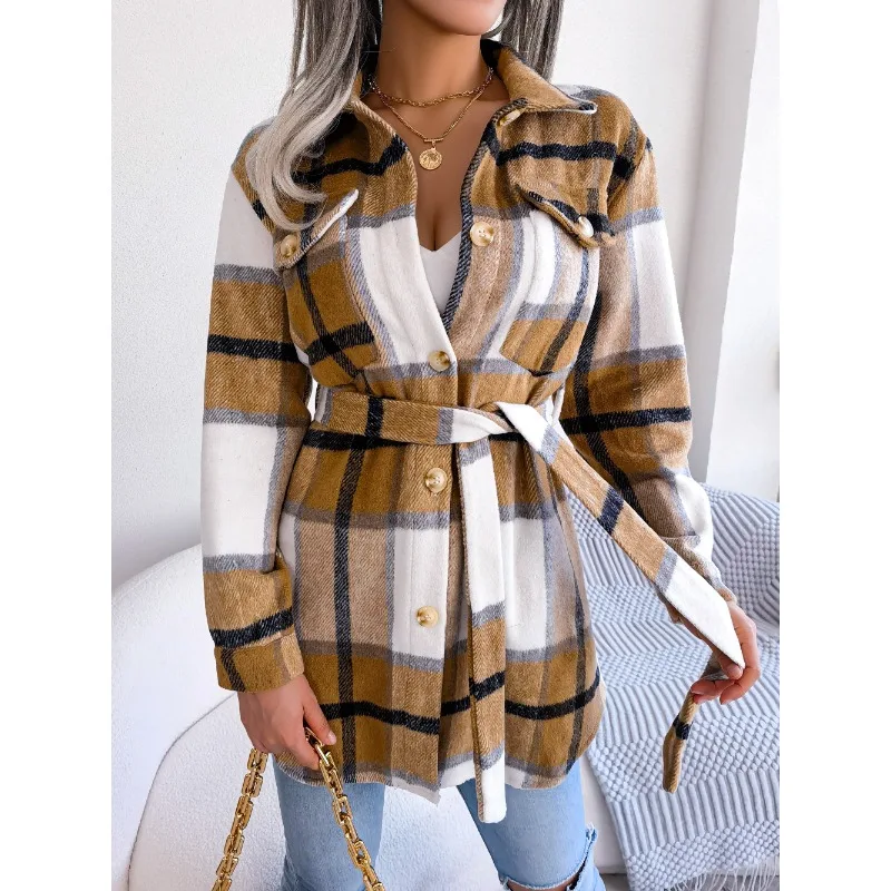 Women's Autumn Winter Tops Coats Wool Coats Contrast Colours Checks Long Sleeves Tie-Front Thickened Comfortable Casual Niche
