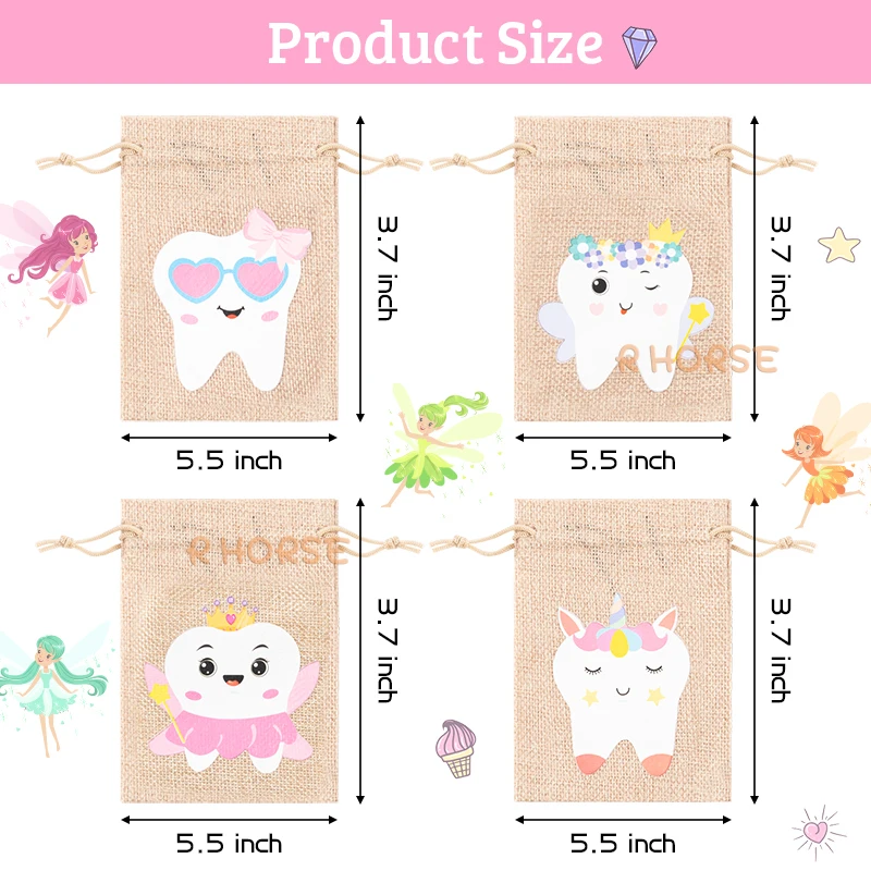 4Pcs Tooth Fairy Bag for Girls Keepsake Bag to Place Under Pillow Milk Teeth Container Box Lost Tooth Holder Pouch Birthday Gift