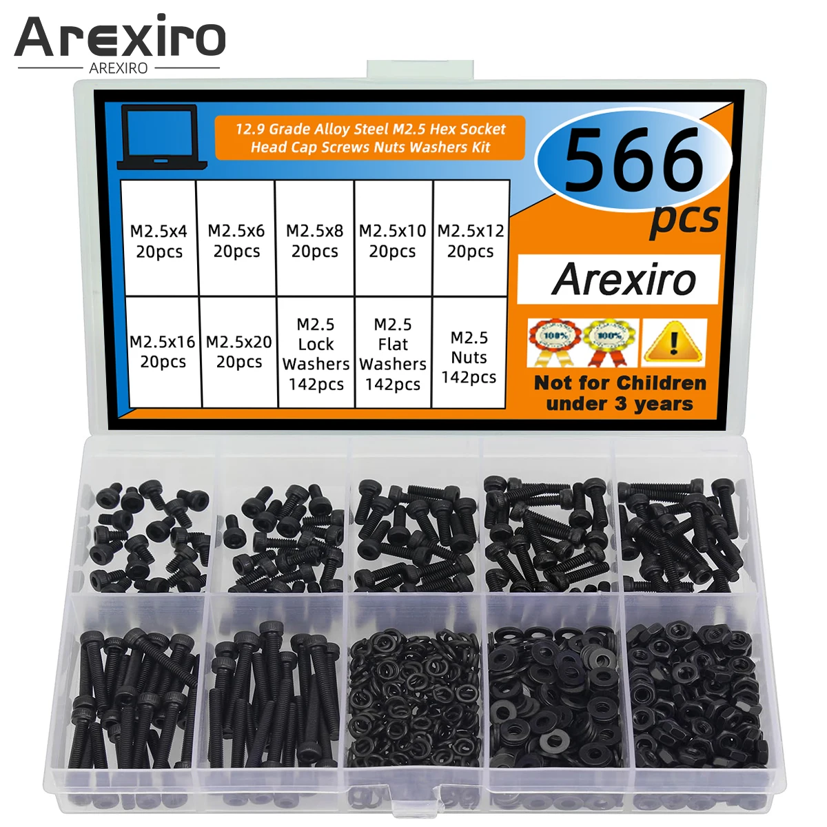 

566 шт. Набор шайб для винтовой гайки M2,5, черный M2,5 x 4/6/8/10/12/16/20 мм, комбинированный комплект шайбы с шестигранной головкой, легированная сталь класса 12,9