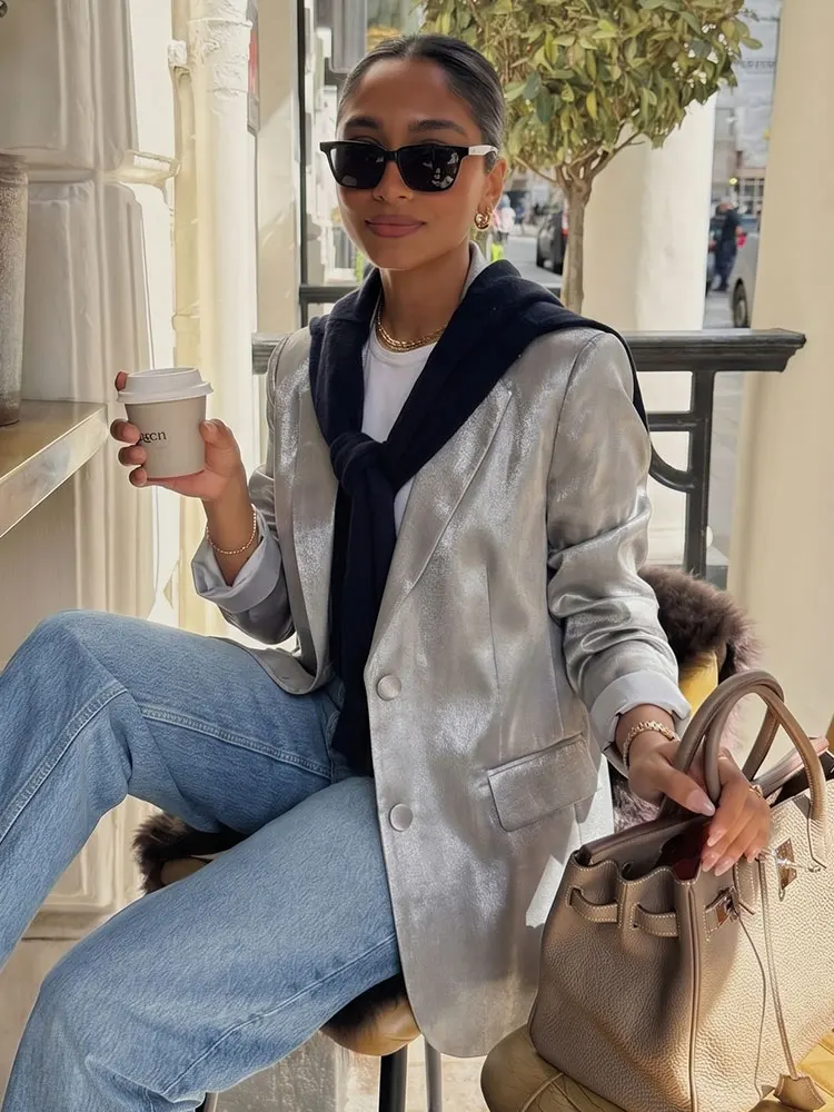 HH Fashion Women Blazer Coats Silver Turn-Down Collar Long Sleeves Pockets Single Breasted Jacket Female Coats Office Lady Tops