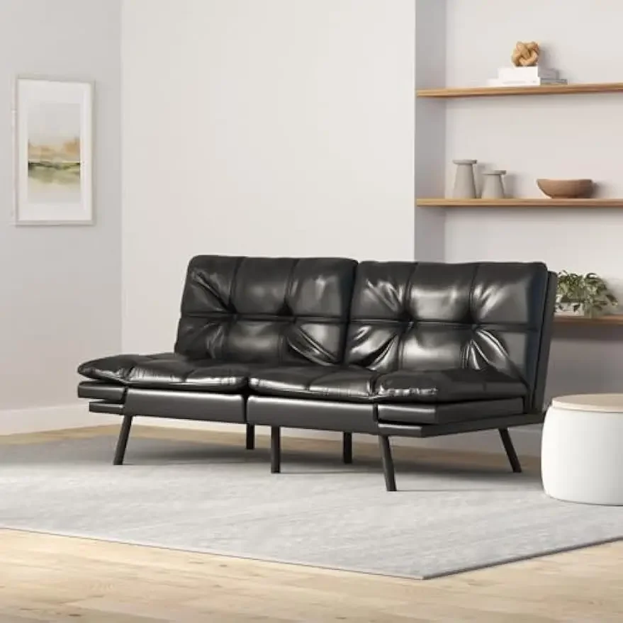 YANGGUANG Faux Leather Futon Sofa Bed, Convertible Loveseat Sleeper Couch with Memory Foam Mattress for Living Room, Black.