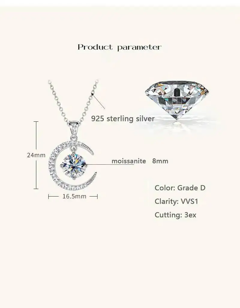 2CT D-Farbiger Moissanit Stern-Mond-Anhänger Halskette für Damen 925 Sterling Silber Luxuriöser Funkelnder Schmuck Partygeschenk – Detail 1