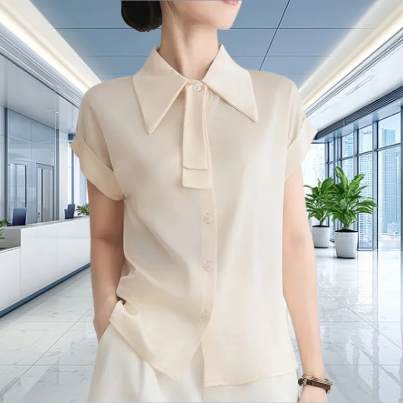 

Summer Satin Silk Women's Blouse Short Sleeve Turn-Down Collar Shirt Office Lady Button Thin Top White Commute Female Clothing