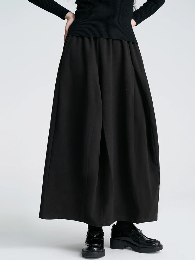 New Chinese Style A-Line  Skirt Women's Casual High Waist Pleated Loose Fit Micro Elastic Black Versatile Land And Mountain