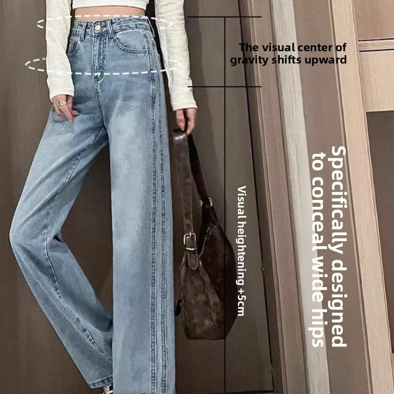 Retro Large Size High Waist Wide Leg Jeans Women's Fashion Trend New Loose And Thin Hip Covering Narrow Version Straight Trouser