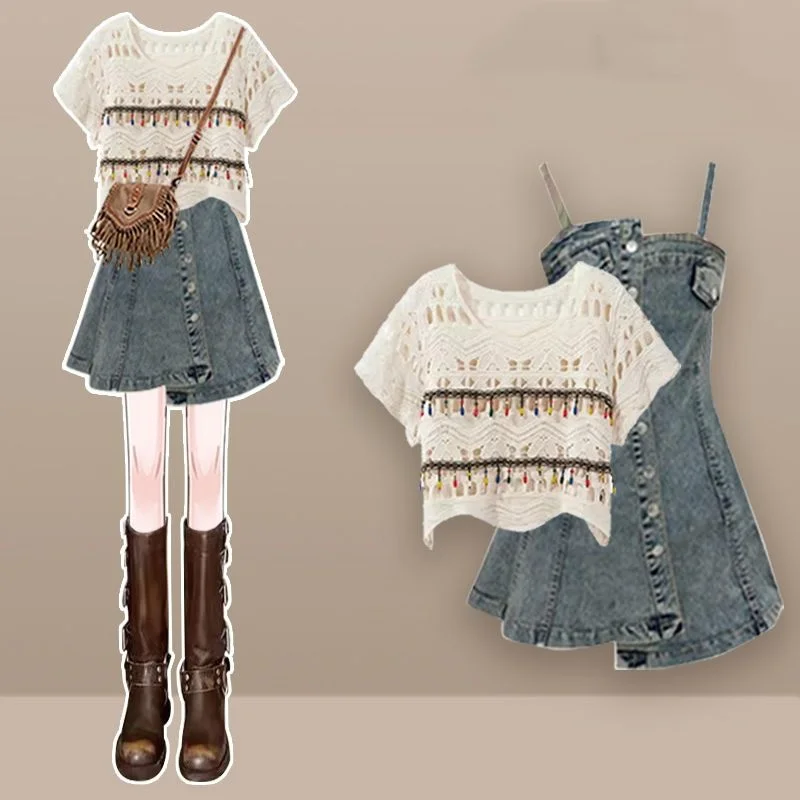2025 New Summer Women Ethnic Hollow Out Tassel T Shirts Sling Dress 1 or Two Piece Set Lady Graceful Short Top Tank Dresses Suit