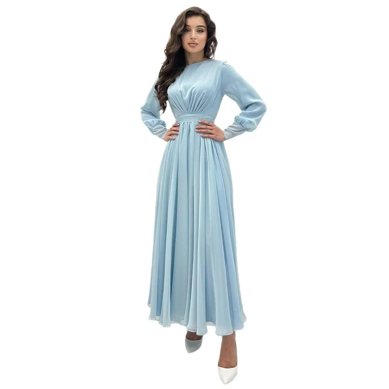 러칭 롱 슬리브 드레스 여성 2025 라이트 블루 슬림 웨이스트 캐주얼 엘레강스 솔리드 컬러 바디콘 미디 드레스
