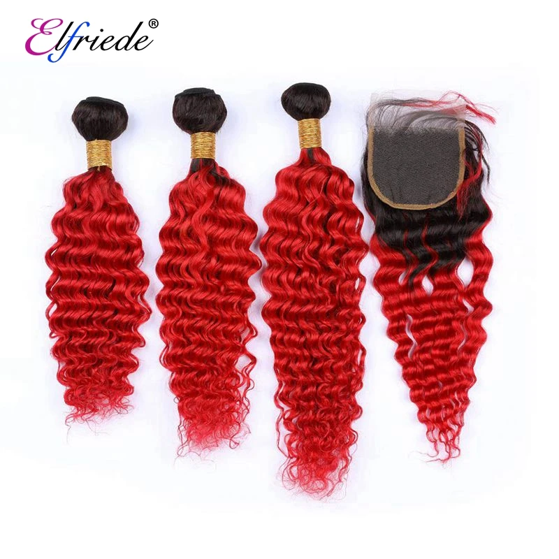 Elfriede #1B/Orange Red Deep Wave Ombre Colored Hair Bundles with Closure 100% Human Hair Weaves 3 Bundles with Lace Closure 4x4