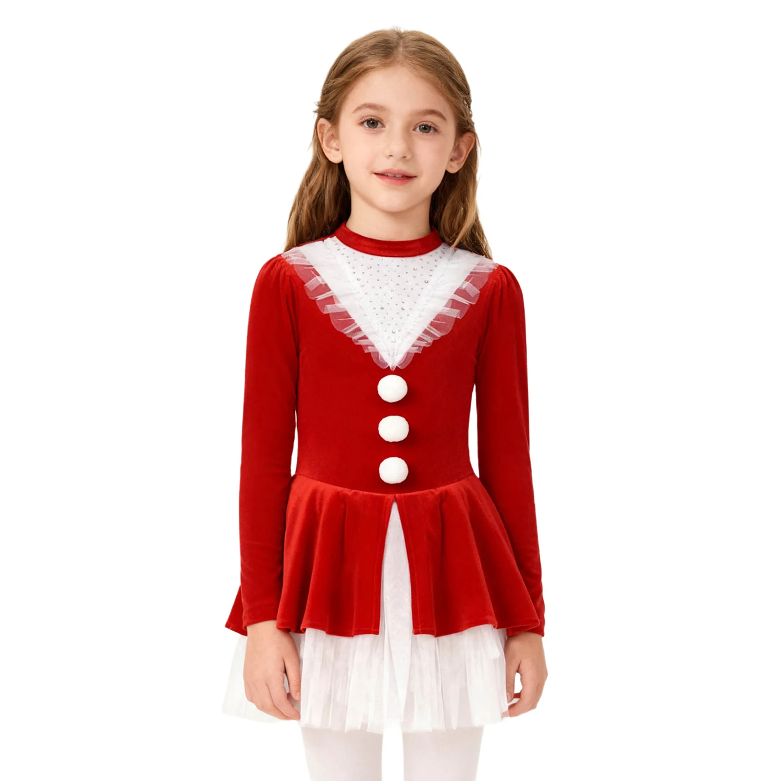 

Kids Girls Christmas Figure Skating Dance Dress Velet Shiny Rhinestones Long Sleeve Tutu Dress Ballet Dance Performance Dress