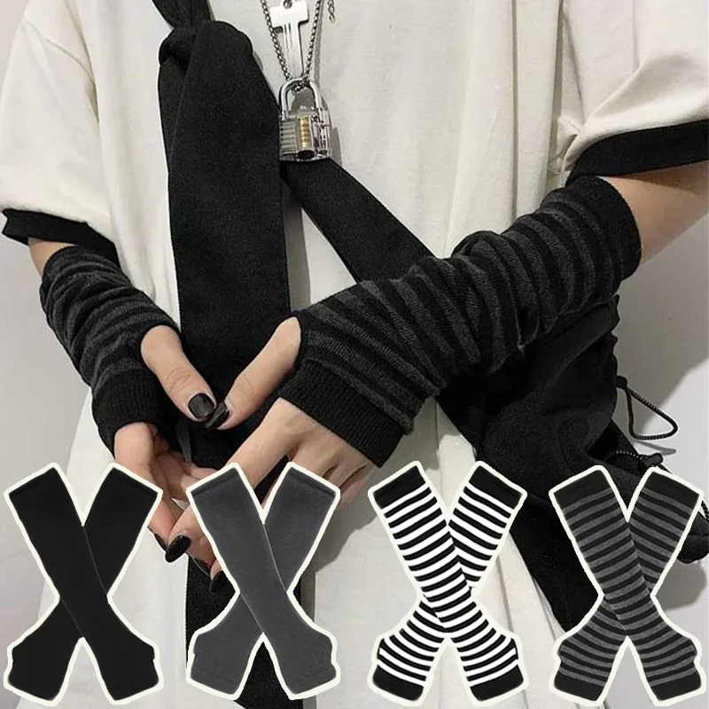 Y2K Gothic Lolita Gloves Arm Cover Harajuku Arm Warmers Black Grey Striped Fingerless Punk Long Wristband Metallic Unisex Gloves