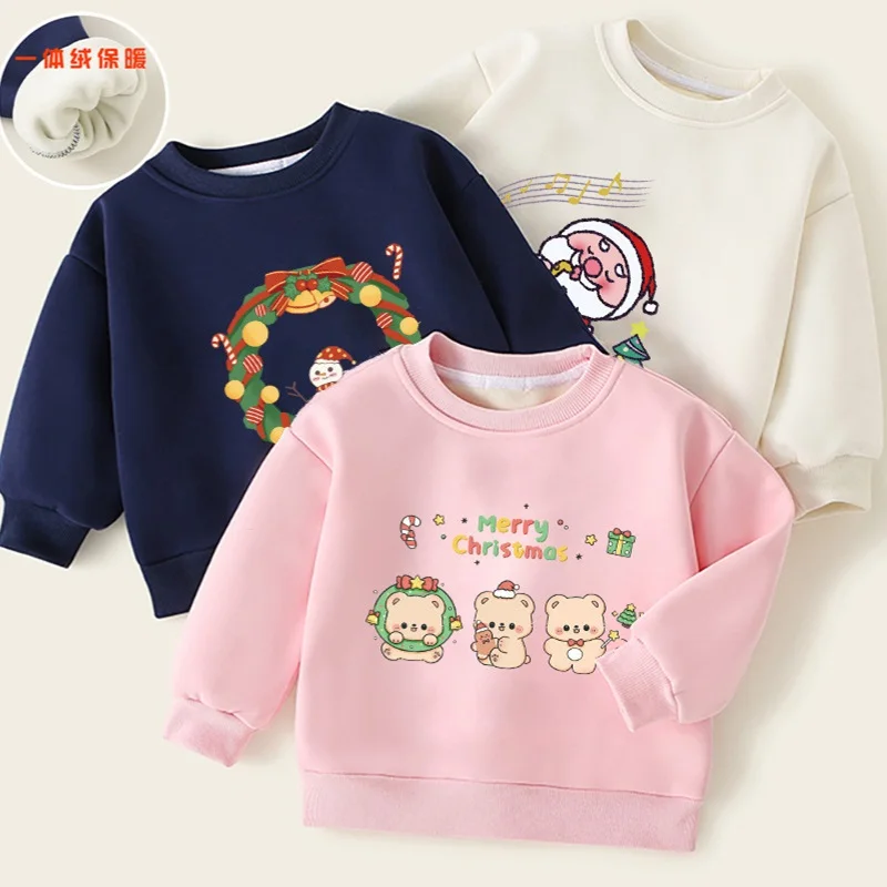 Round Collar Christmas Hoodie Long Sleeve Print Causal Pullover Fleece Top Pink Navy Blue Cartoon Costume for Kids