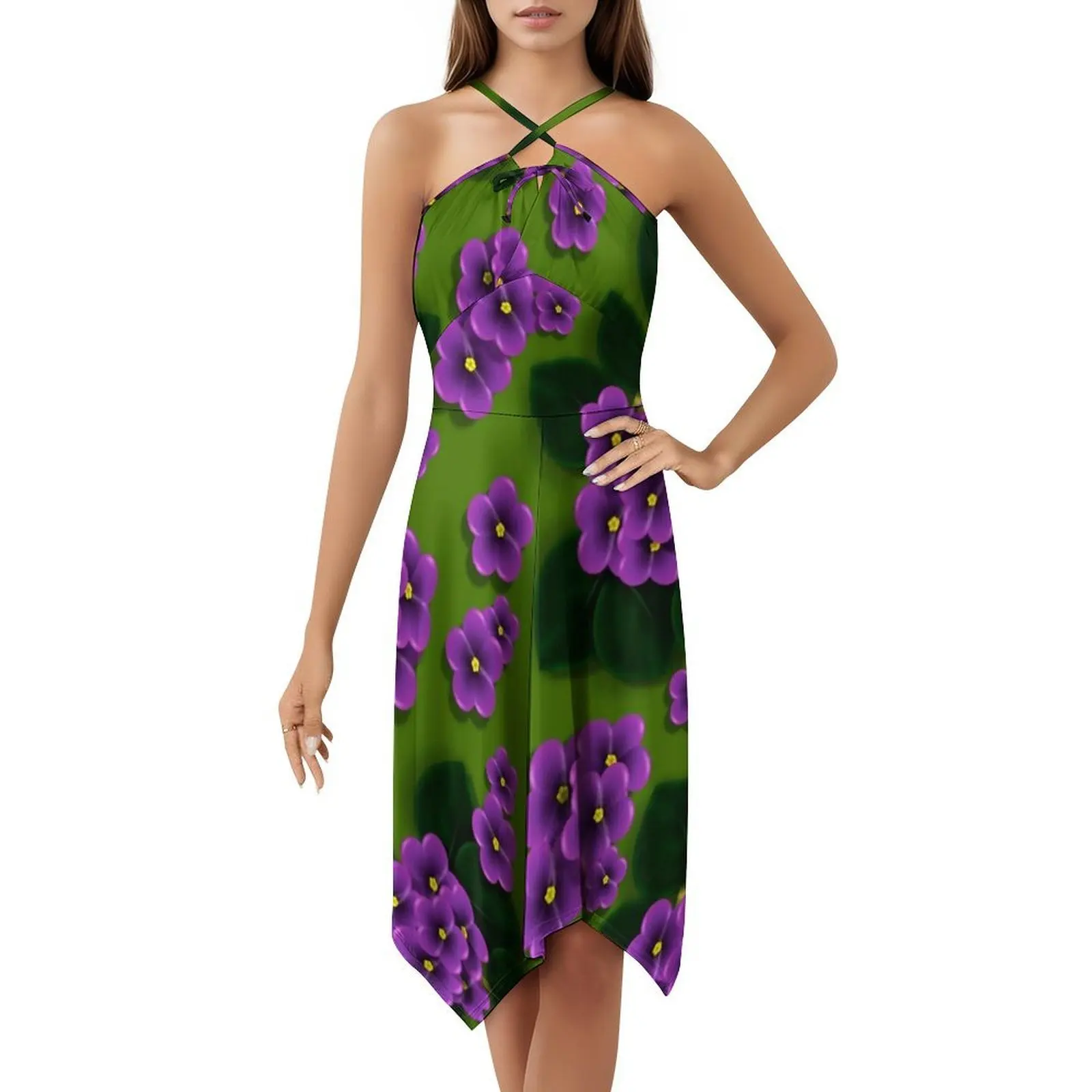 باقة من البنفسج الأفريقي مع فستان بفتحة عنق على شكل قلب أخضر عميق، فستان أنيق للحفلات الصيفية للنساء البنفسجي الأفريقي #5