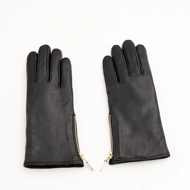 New Women's Sheepskin Gloves Faux Lamb Fur Warm Velvet Lining Driving Gloves Fashion Zipper